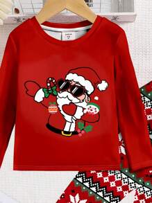 SHEIN Tween Boy Casual Minimalist Snug Fit Long Sleeve Crew Neck Pants, Comfortable Home Wear, Suitable For Autumn/Winter, For Christmas - Multicolor - View 3