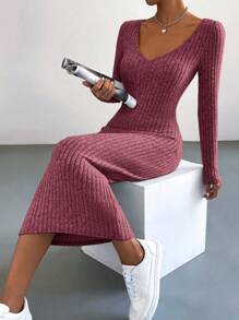 SHEIN Essnce Váy dệt kim gân dài tay cổ chữ V màu trơn cho nữ, mùa thu - Màu Đỏ Sâu - Xem 5