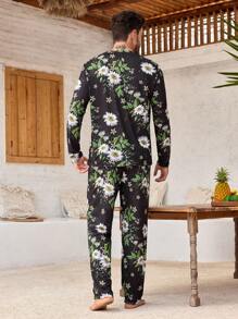 Manfinity ChillVibe 2pcs Men Floral Print Crew Neck Long Sleeve Top And Pants Pajama Set - Black - View 2