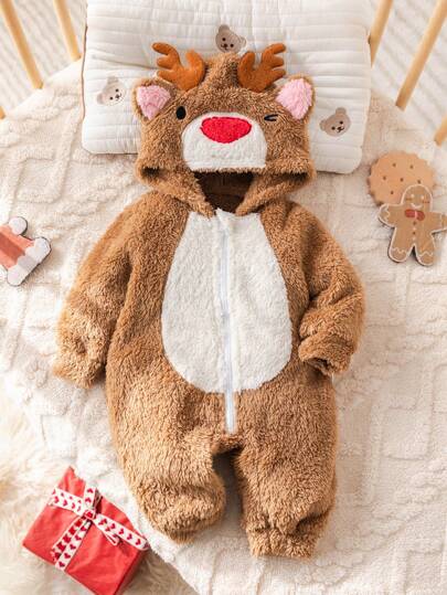 新生男婴圣诞卡通驯鹿图案 3D 鹿角刺绣连帽拉链前部柔软舒适双面羊毛连体衣