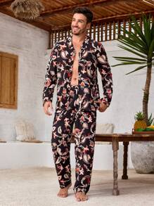 Manfinity ChillVibe Bộ đồ nam 2 món/bộ cài nút phía trước dài tay in họa tiết tối giản thường ngày mặc ở nhà và quần - màu đen - Xem 4