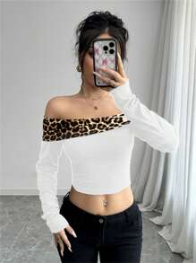 SHEIN Unity Sexy Leopard Print Contrast Off Shoulder Women Top - White - View 6