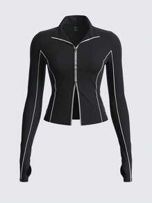 SHEIN BASICS 女式休闲运动修身短款前拉链高领长袖上衣 - 黑色 - 查看 3