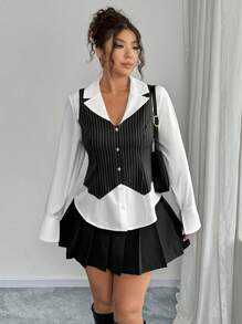 Calvaya 大码女式时尚休闲条纹收腰二合一衬衫 - 彩色 - 查看 3