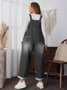 SHEIN LUNE 大码休闲宽松带口袋牛仔背带裤 - 淺灰色 - 查看 2