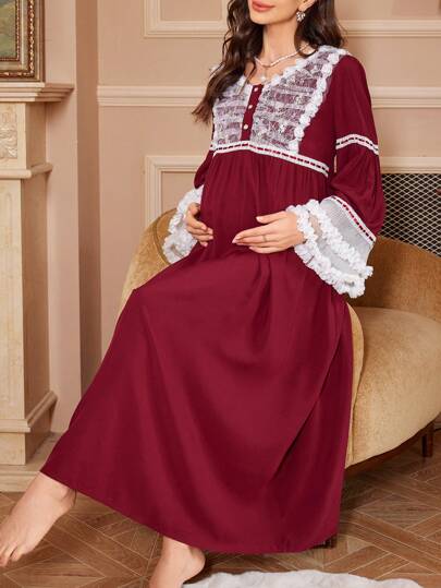 复古宫廷风格超大长袖蕾丝拼接装饰孕妇睡袍，秋季