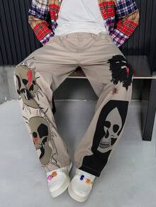 PAVTROS 男士成熟街头骷髅图案印花宽松阔腿休闲裤，长款宽松休闲裤，适合老公、男朋友的礼物 - 米色 - 查看 7