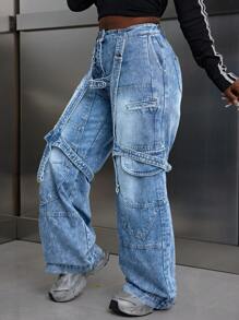 SHEIN Slayr Jeans droits décontractés à coupe ample avec boutons et plusieurs poches de couleur unie pour femmes