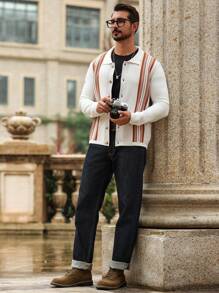 Manfinity CityGents Áo khoác cardigan sọc khối màu thường ngày cho nam, Áo khoác cardigan sọc khối màu thường ngày mùa thu/đông, Quà tặng cho chồng, bạn trai - Nhiều màu - Xem 3