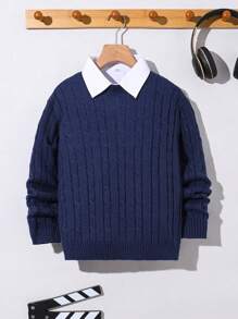 Maglione lavorato a maglia jacquard blu navy per ragazzo adolescente, adatto per andare al lavoro, a scuola, per uso casual, sport, autunno inverno