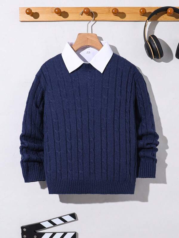 Maglione lavorato a maglia jacquard blu navy per ragazzo adolescente, adatto per andare al lavoro, a scuola, per uso casual, sport, autunno inverno
