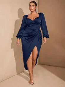 SHEIN BAE BAE Autumn And Winter Long Sleeve Plus Size Solid Color Black Bra Cup Detail Draped Slit Dress Party Halloween Satin Senior Women