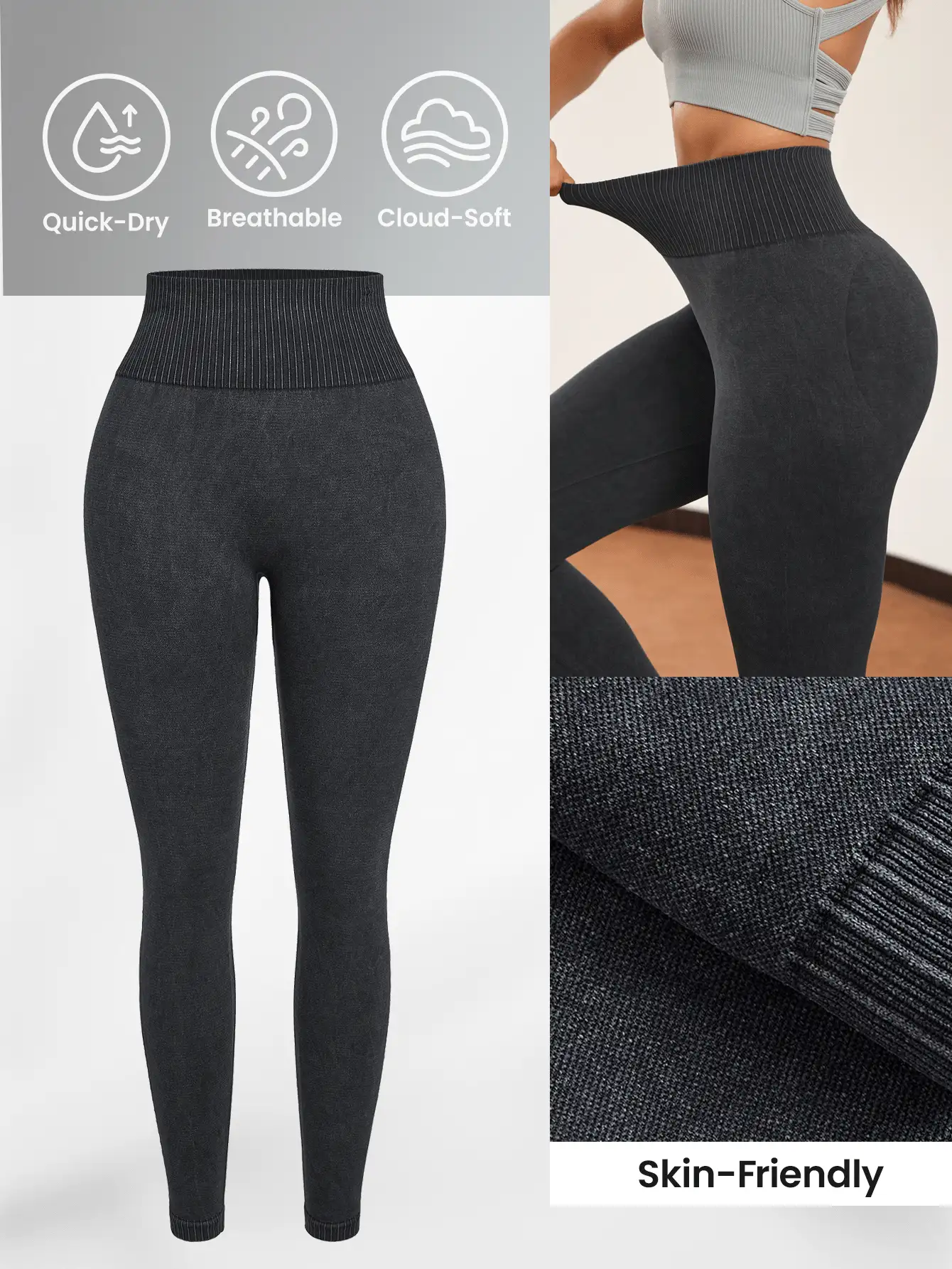 SHEIN Sports 女士高腰纯色无缝紧身裤，适合日常锻炼，随机印花 - 黑色 - 查看 3