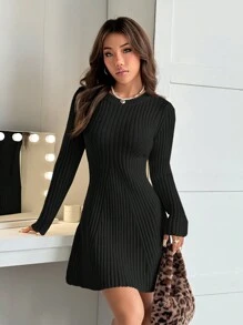 SHEIN EZwear 女士圆领 A 字长袖简约迷你毛衣裙，秋冬休闲日常穿着