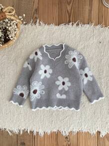 SHEIN LMoss Kids LMoss 女婴花卉图案灰色长袖毛衣，可爱百搭，秋冬 - 灰色 - 查看 5