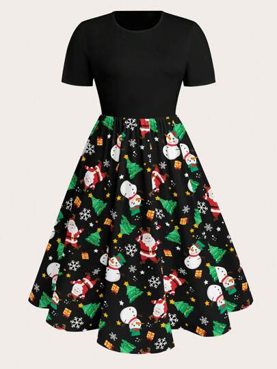 SHEIN LUNE Plus Size Women's Holiday Casual Contrast Christmas Print Round Neck Short Sleeve Dress,Vintage Christmas Party Dress Maxi Women Outfit