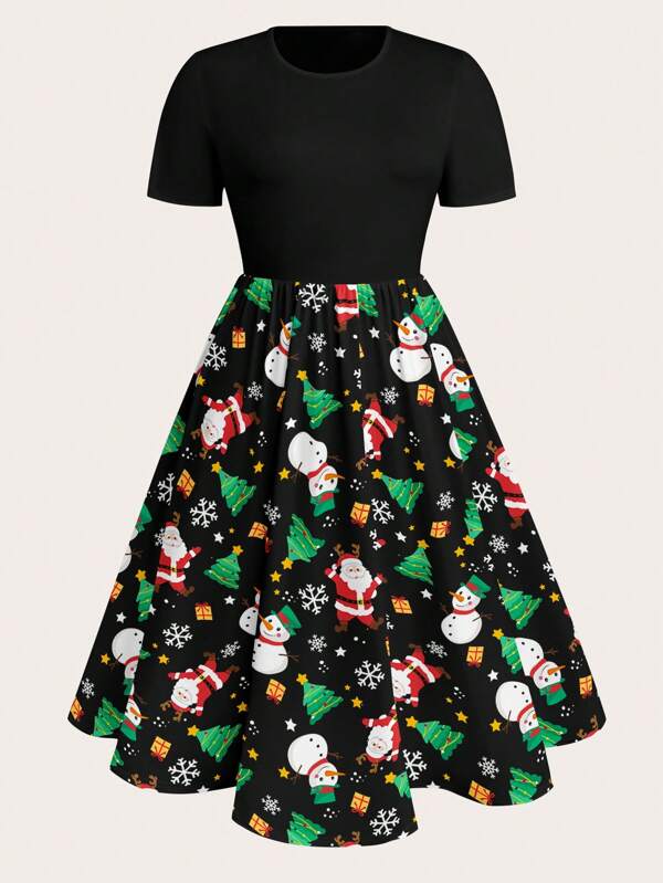 SHEIN LUNE Plus Size Women's Holiday Casual Contrast Christmas Print Round Neck Short Sleeve Dress,Vintage Christmas Party Dress Maxi Women Outfit