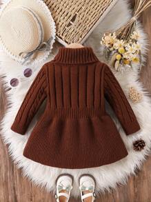 SHEIN Vintaside Kids Vestido de punto de cuello alto de punto cable sólido informal para niña, otoño/invierno - Marrón Chocolate - Ver 2