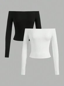 SHEIN BASICS 2pcs Women's Casual Off Shoulder Tight Fitting Long Sleeve Basic Tee, Suitable For Autumn,Fall Tops - Multicolor - View 10