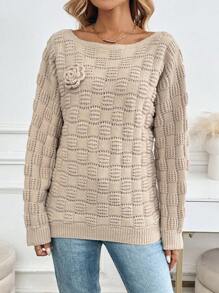 SHEIN LUNE Suéter de punto asimétrico de hombro de estilo cable de moda de otoño/invierno, manga de murciélago, suelto y casual de unicolor con flores 3D, adecuado para el ocio al aire libre en otoño - Caqui - Ver 4