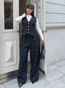 Calvaya 大码时尚背心和休闲裤套装，秋季 - 黑色 - 查看 3