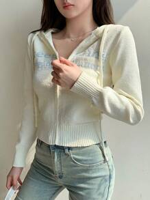 DAZY 女士字母提花针织连帽开衫，秋季女装 - 白色 - 查看 9