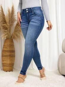 SHEIN Essnce Casual Washed Skinny Jeans, Autumn/Winter - Medium Wash - View 3