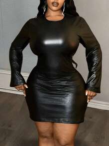 Slaydiva Đầm mini tay chuông màu đen trơn phủ PU thanh lịch & dự tiệc & hẹn hò & trang trọng, cỡ lớn, xuân thu - màu đen - Xem 1