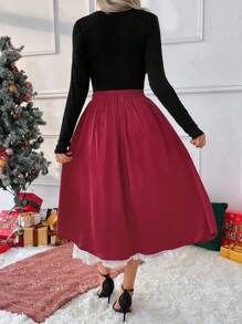 SHEIN Clasi 女款純色拼接百褶極簡風裙，休閒日常穿著 - 紅色 - 查看 2