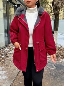 Flirla 大码女式可拆卸毛皮派克大衣，带拉链开合和口袋，适合冬季防寒