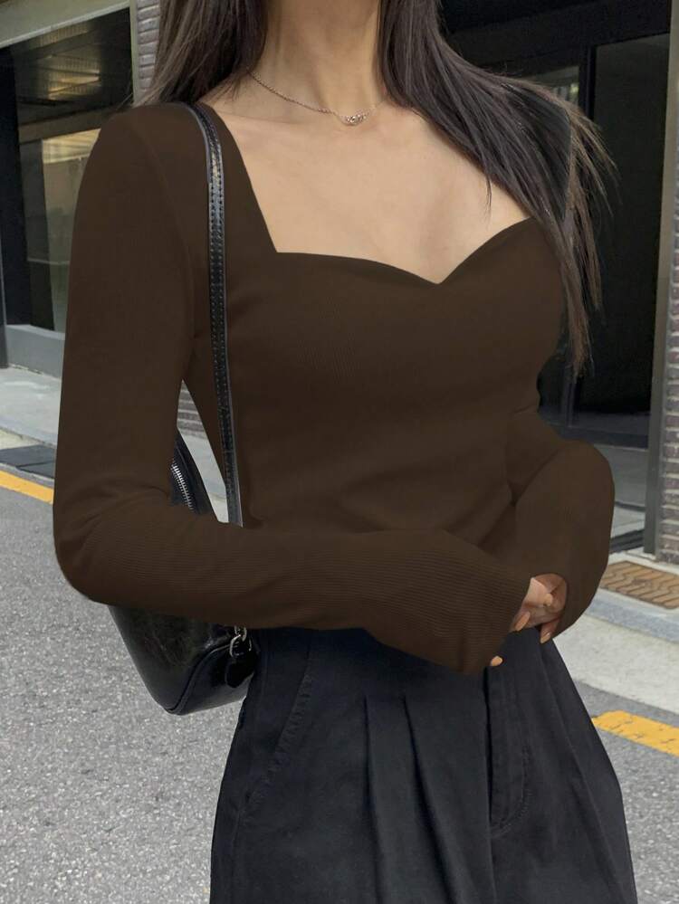 Women's Solid Color Sweetheart Collar Long Sleeve Slim Fit Basic T-Shirt, Spring/Autumn Summer
