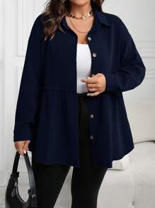 Plus Size Casual Solid Color Cinched Waist Shirt, Autumn
