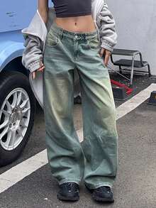 Women Retro Distressed Straight Leg Loose Fit Boyfriend Jeans - Navy Blue - View 1