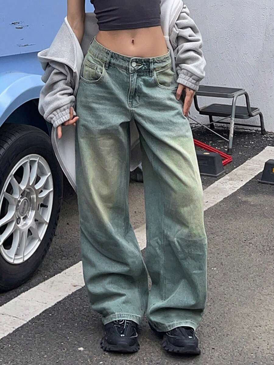 Women Retro Distressed Straight Leg Loose Fit Boyfriend Jeans - Navy Blue - View 1