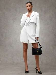 SHEIN BAE 女士春秋休闲纯色翻领裹身西装连衣裙秋季女装冬季女装商务休闲女装商务女装办公室装女教师服 - 白色 - 查看 4