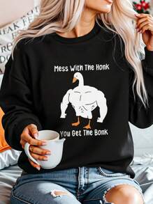 INAWLY 趣味鸭子图案印花长袖圆领卫衣，休闲秋冬套头衫，适合动物爱好者 - 黑色 - 查看 1