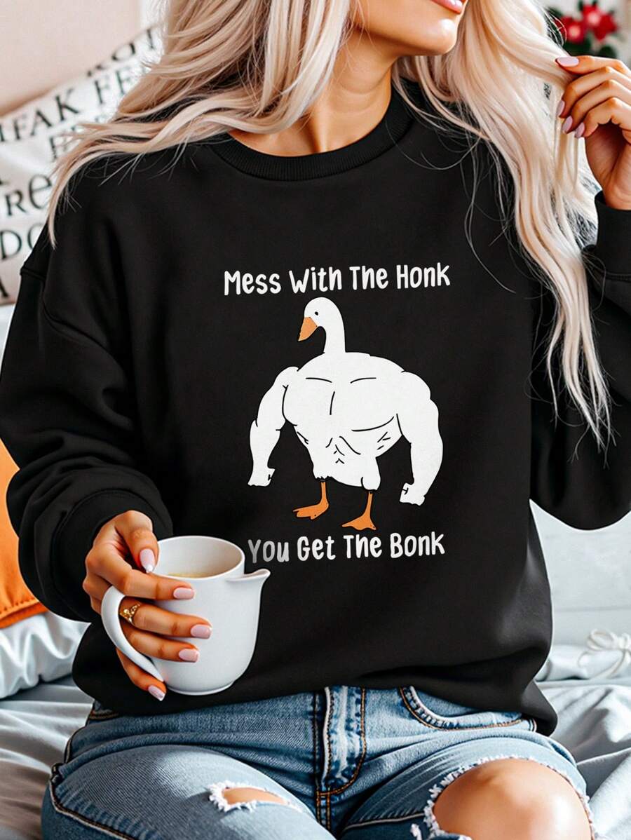 INAWLY 趣味鸭子图案印花长袖圆领卫衣，休闲秋冬套头衫，适合动物爱好者 - 黑色 - 查看 1