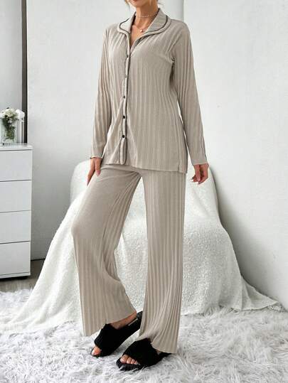 EURM Sleepwear Pajama Set Contrast Collar Hemline, ated Ribbed Sewing Thread Lines view 4