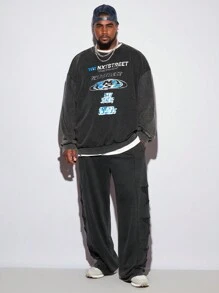 Manfinity VCAY Plus Size Men's Loose Fit Letter & Acid-Washed Crewneck Long Sleeve Sweatshirt - Black - View 2