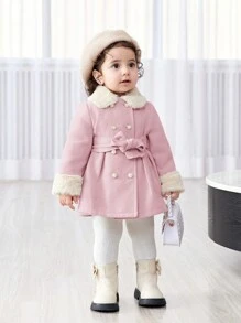 SHEIN Baby Girl Warm & Fashionable Furry Collar Mid-Length Belt Coat, Autumn/Winter Clothes - Multicolor - View 8