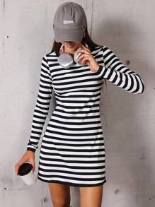 Flirla Vestido mini casual de mujer de manga larga y cuello redondo a rayas, para otoño