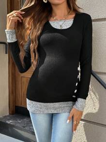 SHEIN Maternity Autumn Contrast Color Side Button Long Sleeve Casual T-Shirt