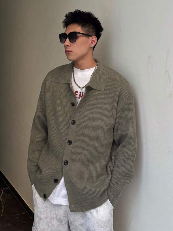 Manfinity Dauomo Men's Solid Color Long Sleeve Single Breasted Casual Loose Cardigan, Autumn/Winter