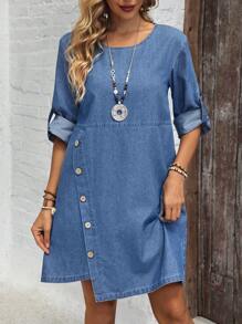 SHEIN LUNE Women Casual Asymmetric Hem Wash Denim Dress - Blue - View 6