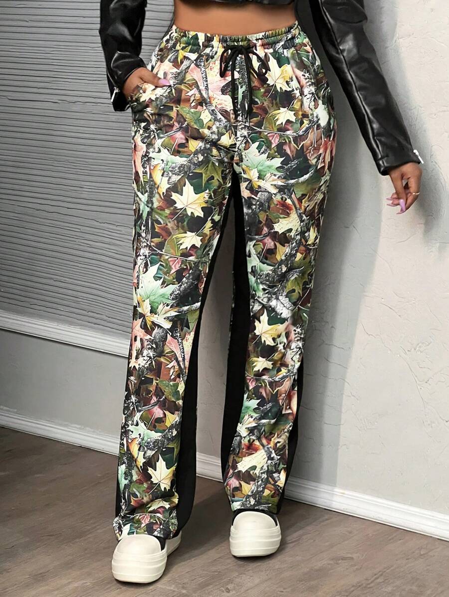 Slaydiva Pantalones informales de cintura con cordón y diseño de bloques de color con estampado de plantas - Multicolor - Ver 1