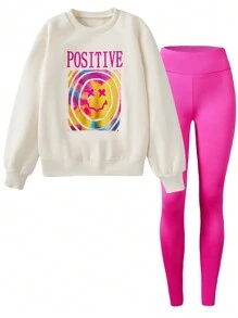 SHEIN Explorewe 2 件套青少年女孩宽松运动衫和修身玫瑰红色紧身裤，春/秋 - 玫紅色 - 查看 6