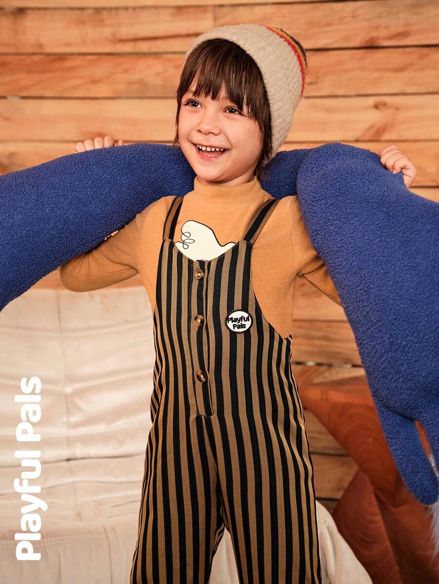 SHEIN 1pc Boys' Striped Jumpsuit,Hooded One-Piece With Embroidery Embellishment,Warm And Comfortable Fabric,Suitable For Layering With Solid T-Shirt - Brown - View 1