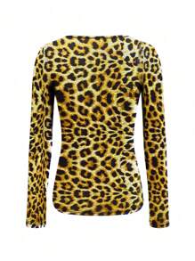 INAWLY Camiseta Casual Feminina de Manga Longa com Decote Redondo e Estampa de Leopardo e Guepardo Vazada - Gengibre - Visão 2