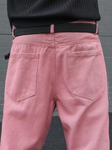 Manfinity EMRG Men's Casual Loose Fit Solid Color Wide Leg Jeans, Belts Not Included - Pink - View 5
