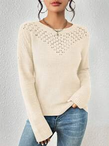 Chiquease Crew Neck Net Sweater, Casual And Versatile Long Sleeve Pullover Knit Pullover Fall Winter - Apricot - View 5